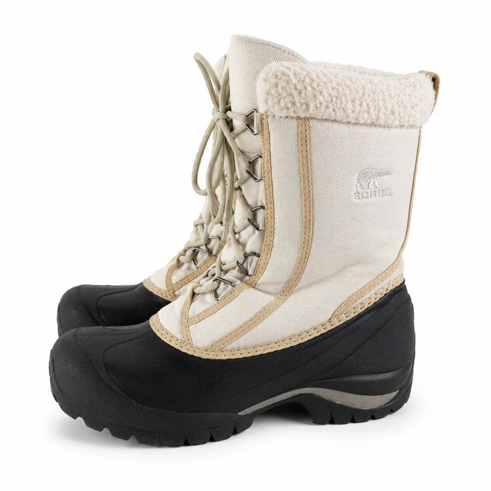 Sorel Winter Snow Boots Women 8 Cream Black Thinsulate Faux Fur Gorpcore Warm‎
